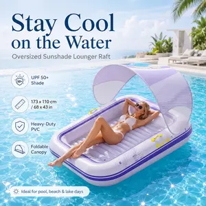 Inflatable Pool Float with Canopy, 173x110cm/68x43in Oversized Adult Sunshade Lounger Raft, Heavy Duty Foldable PVC Floating Bed with Cup Holder, UV-Resistant Shade Cover for Beach, Lake, Pool Party, Summer Travel & Outdoor Relaxing