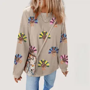Women's Sequin Turkey Graphic Corded Drop Shoulder Thanksgiving Day Baggy Sweatshirt, Glitter Christmas Fashion Pattern Festive Pullover Womenswear Hoodie Tops Casual Crewneck sweatshirts women christmas sweatshirt Long Sleeve Flo