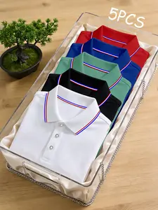 Men's 5-Pack Colorblock Polo Shirts, Polo Shirt Set, Casual Loose-Fit Short Top, Breathable Polyester, Ideal for Outdoor Activities & Beach Vacations