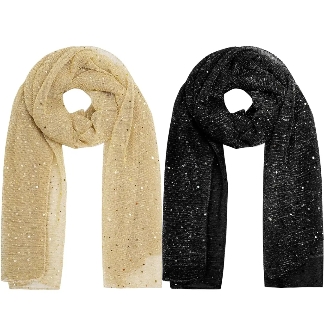 Pack of 2 Women Sequin Bandana Sparkling Glitters Evening Dress Shawls Wraps, Polyester Fiber Sparkly Scarf Suitable for Both Everyday Wear and Memorable Celebrations