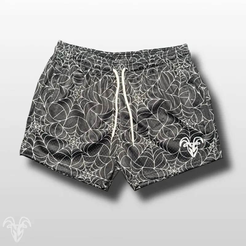 Goat Strength Spider Web Mesh Shorts – Halloween 5” Inseam Athletic Shorts with Zipper Pockets for Gym, Running & Pickleball