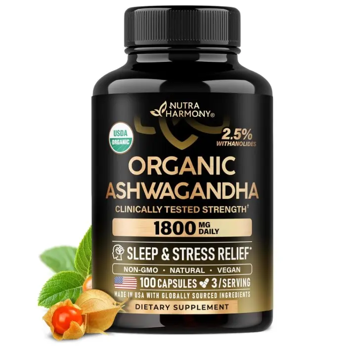 Ashwagandha Supplements 1800mg - USDA Organic Ashwagandha for Women & Men - Clinically Effective Strength for Stress Relief & Sleep - Powder & Root Extract 2.5% Withanolides - 100 Capsules
