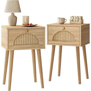 Nightstands Set of 2 with Fluted Door, Small End Table with Solid Wood Feet for Bedroom Small Space, Modern Mid-Century Bedside Table, Natural Oak, 13.8 x 10.6 x 21.3in