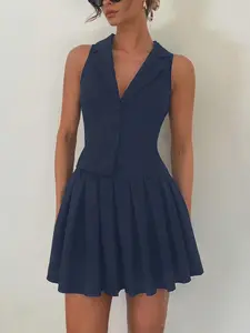 Two-Piece Set Women's Solid Button Sleeveless Fitted Vest Blazer & Pleated Skirt, Elegant Fashion Casual Outfits for Daily Outdoor Wear, Ladies Clothes for Summer