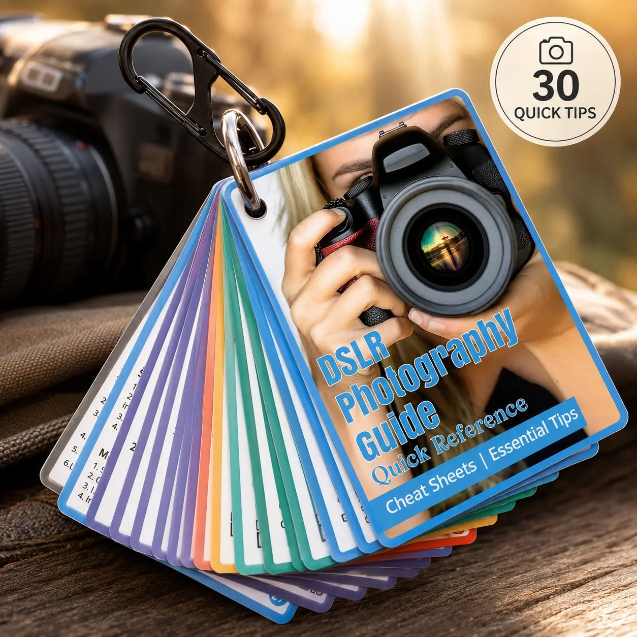 DSLR Photography Cheat Sheets - 16 Double-Sided 4x3in Basic All DSLR Quick Reference Cards, Color-Coded Borders, Durable Practical Camera Accessories, Beginner Guide (Exposure Modes, Settings, Composition, Lighting) for Canon Nikon Women's Use, Clips, Fem