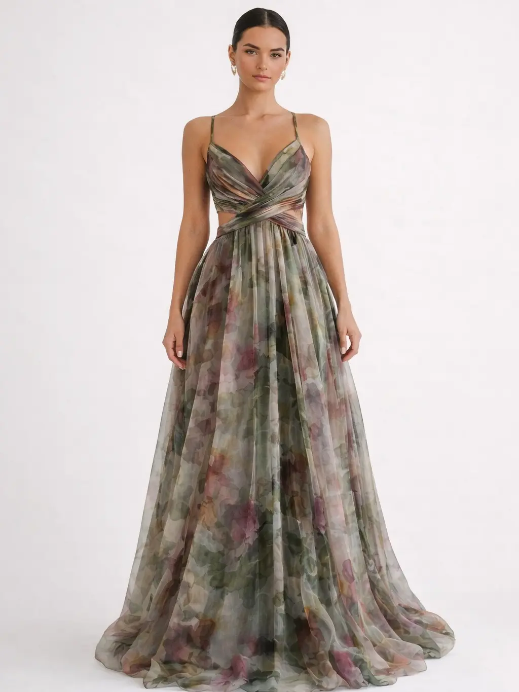 watercolor formal dress Floral Watercolor Print Organza Maxi Dress – White Oak Boutique main image 0