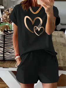 Two-piece Set Women's Heart Print Tee & Shorts, Casual Short Sleeve T-shirt & Skinny Shorts, Ladies Summer Clothes for Daily Wear, Matching Outfits