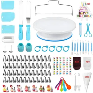 Cake Decorating Kit, 340 count with Cake Turntable, Leveler, 55 Numbered Icing+Skirt Tips, 2 Spatulas, 3 Scrapers, 2 Couplers, 100 Pastry Bags, 100 Cupcake Liners &  Baking Tools, (Blue)
