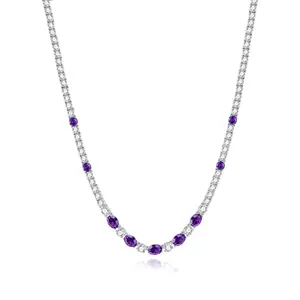 "Glamour Radiance" February Birthstone Fancy Cut Amethyst Sterling Silver Tennis Necklace