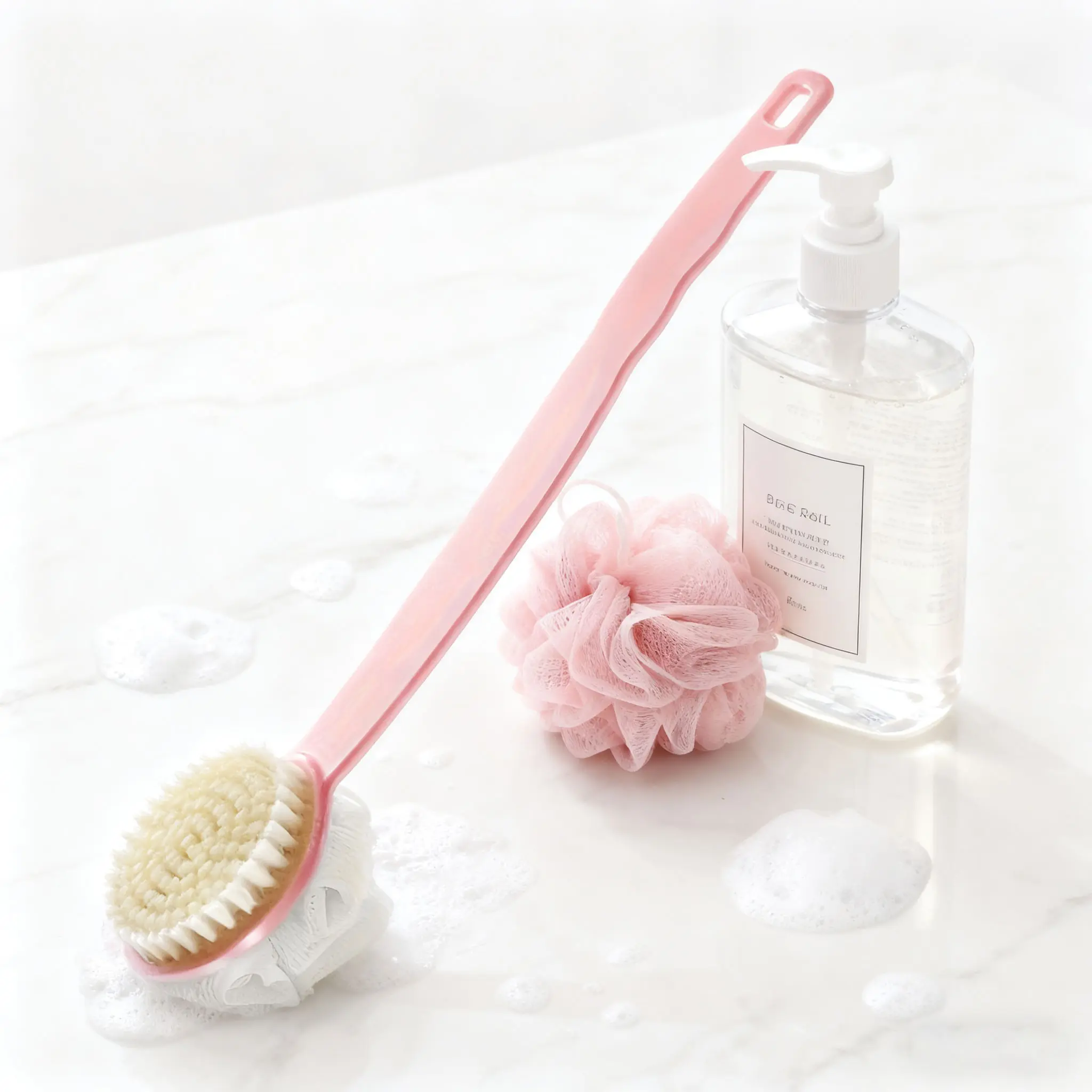 Soft Loofah & Bristles Bath Brush - Dual-Sided, Ergonomic Long Handle for Deep Cleaning - Gently Exfoliates Face & Body, Spa-Quality Experience - Suitable for Women and Men, Bathroom Essential, Body Care Tool, Shower Brush, Bath Accessories