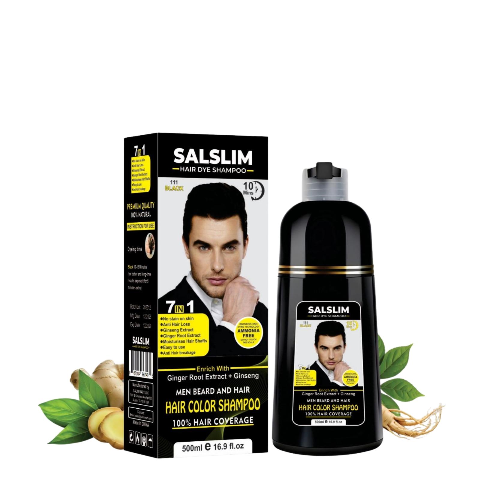 SALSLIM 7-in-1 Hair Dye Shampoo | Hair Color Shampoo for Gray Hair | Herbal & Natural Hair Dye Shampoo with Ginseng & Ginger Roots | Ammonia Free | Long Lasting | Men & Women