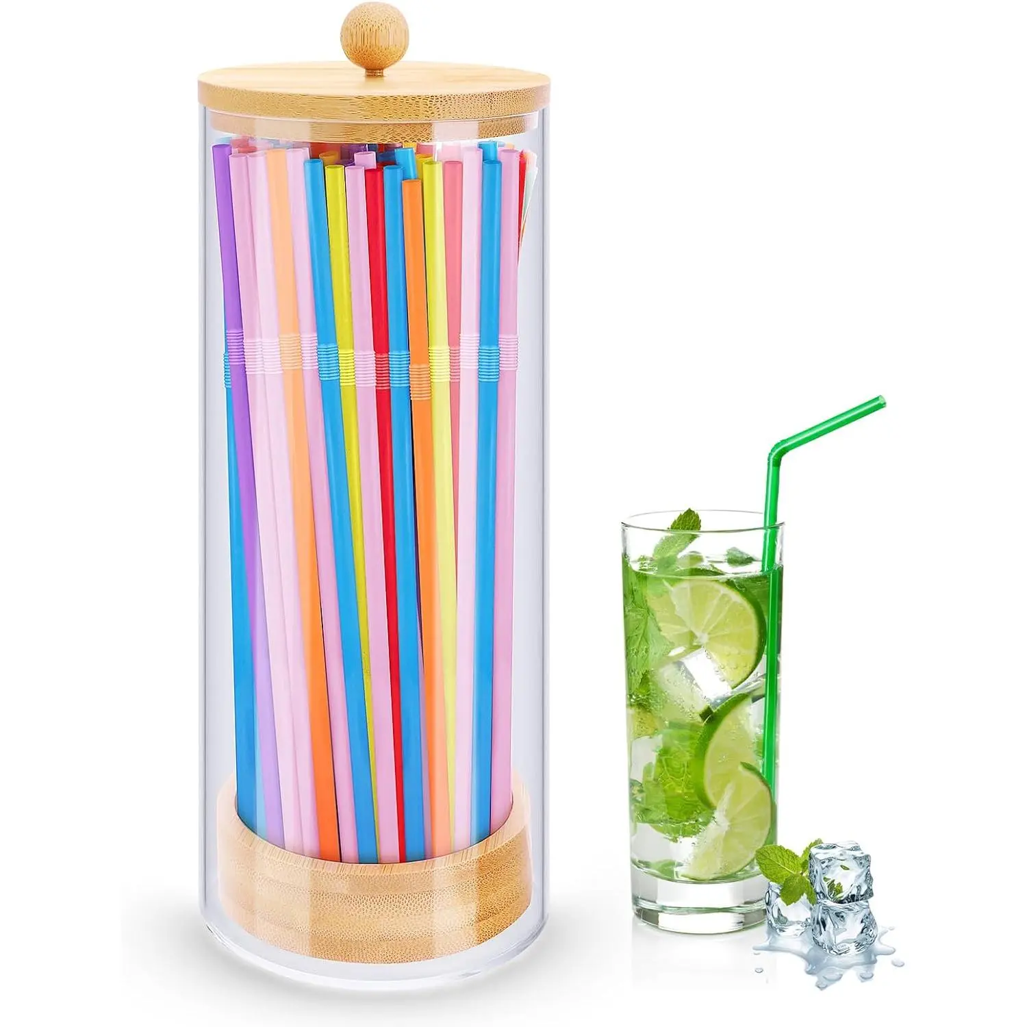 Straw Holder Dispenser for Counter with 100 Colorful Straws - Drinking Straw Dispenser with Bamboo Lid for Standard Straws, Straw Organizer for Kitchen