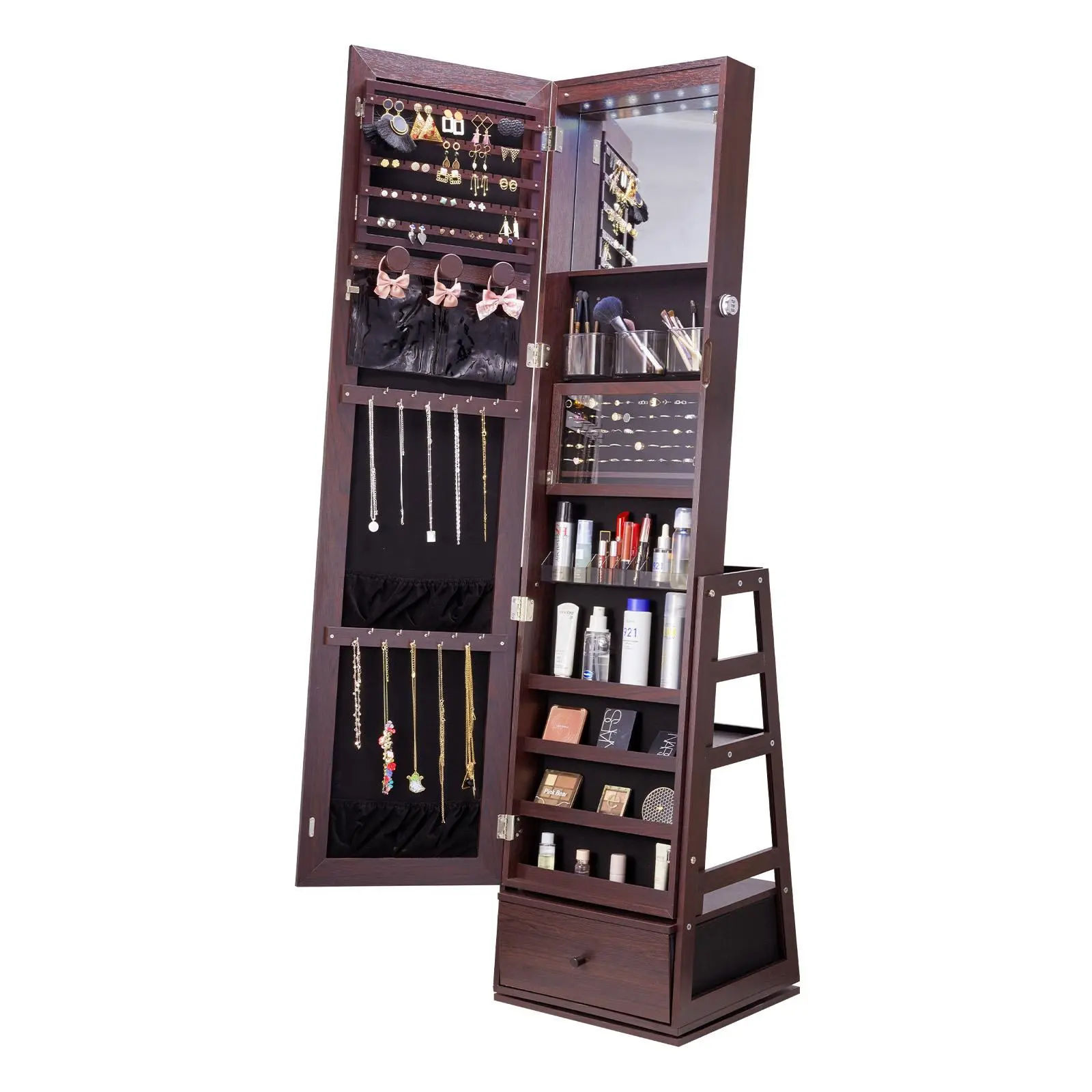 VEVOR Mirror Jewelry Cabinet,  360° Swivel Standing Mirror with Storage, Lockable Jewelry Mirror Organizer with Full Length Mirror, Velvet Lining, LED Light, Drawer, Freestanding Jewelry Armoire, Brown#BacktoSchool