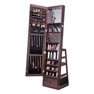 【DealsForYouDays】VEVOR Mirror Jewelry Cabinet,  360° Swivel Standing Mirror with Storage, Lockable Jewelry Mirror Organizer with Full Length Mirror, Velvet Lining, LED Light, Drawer, Freestanding Jewelry Armoire, Brown