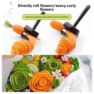Carrot Curler and Peeler, Stainless Steel Spiral Funnel Flower Roller, Spiral Shred Slicer, Vegetable Spiralizer Tool with Crinkle Cutter Blade, Black