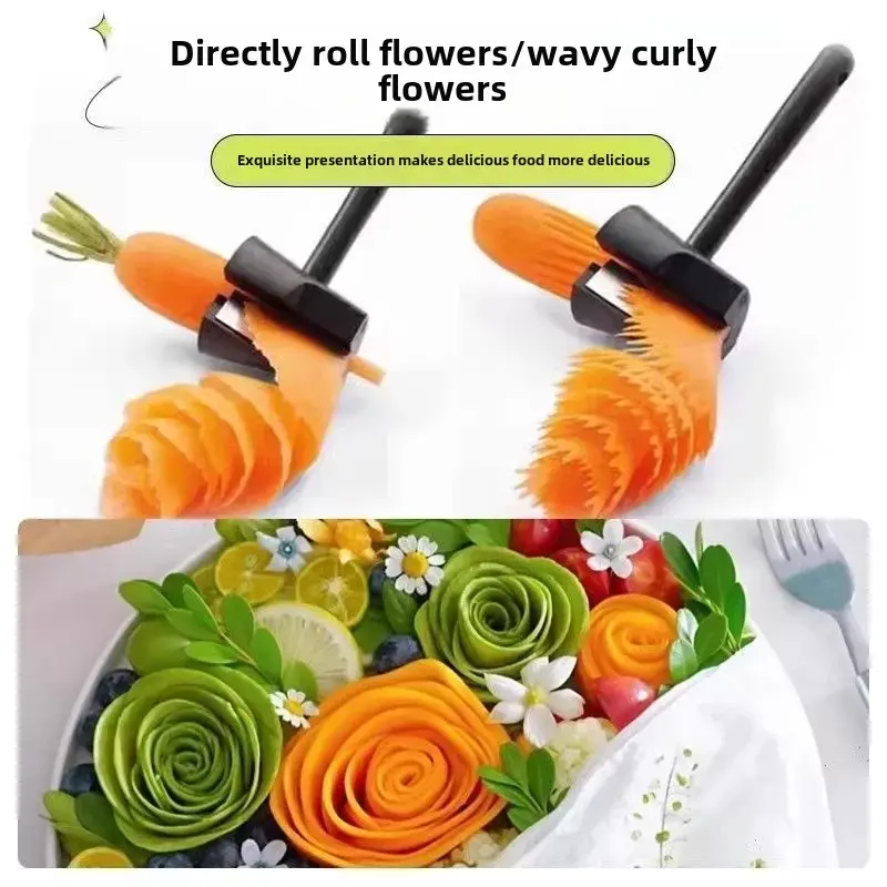 Carrot Curler and Peeler, Stainless Steel Spiral Funnel Flower Roller, Spiral Shred Slicer, Vegetable Spiralizer Tool with Crinkle Cutter Blade, Black