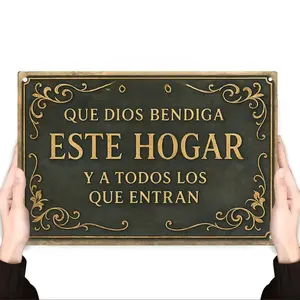 Rustic Tin Metal Wall Art Sign, 8x12 in Lightweight Crafted Home Sign, Spanish "God Bless This Home" Hispanic-Inspired Christian Quote, 2D Flat House Decor for Living Room, Thoughtful Faith Gift, Crafted Home Signs