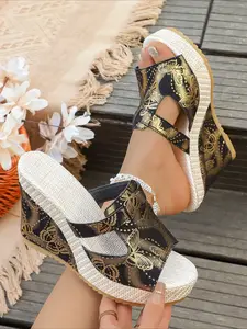 Women's Butterfly Print Wedge Sandals - Open Toe Slip-On Platform Sandals, Bohemian Espadrille Wedges 2026 New Black & Gold Printed Wedge Mules, Comfortable High Heel Summer Beach Sandals for Women