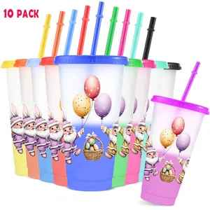 10pcs/24oz/710ml/Plastic Tumblers,Color Changing Cups With Lids And Straws,Water Bottle,Iced Coffee Cups, Easter Bunny Design With Balloons Perfect For Family And Friend Gatherings,Ideal choice for birthday celebration,Valentine's Day Gifts