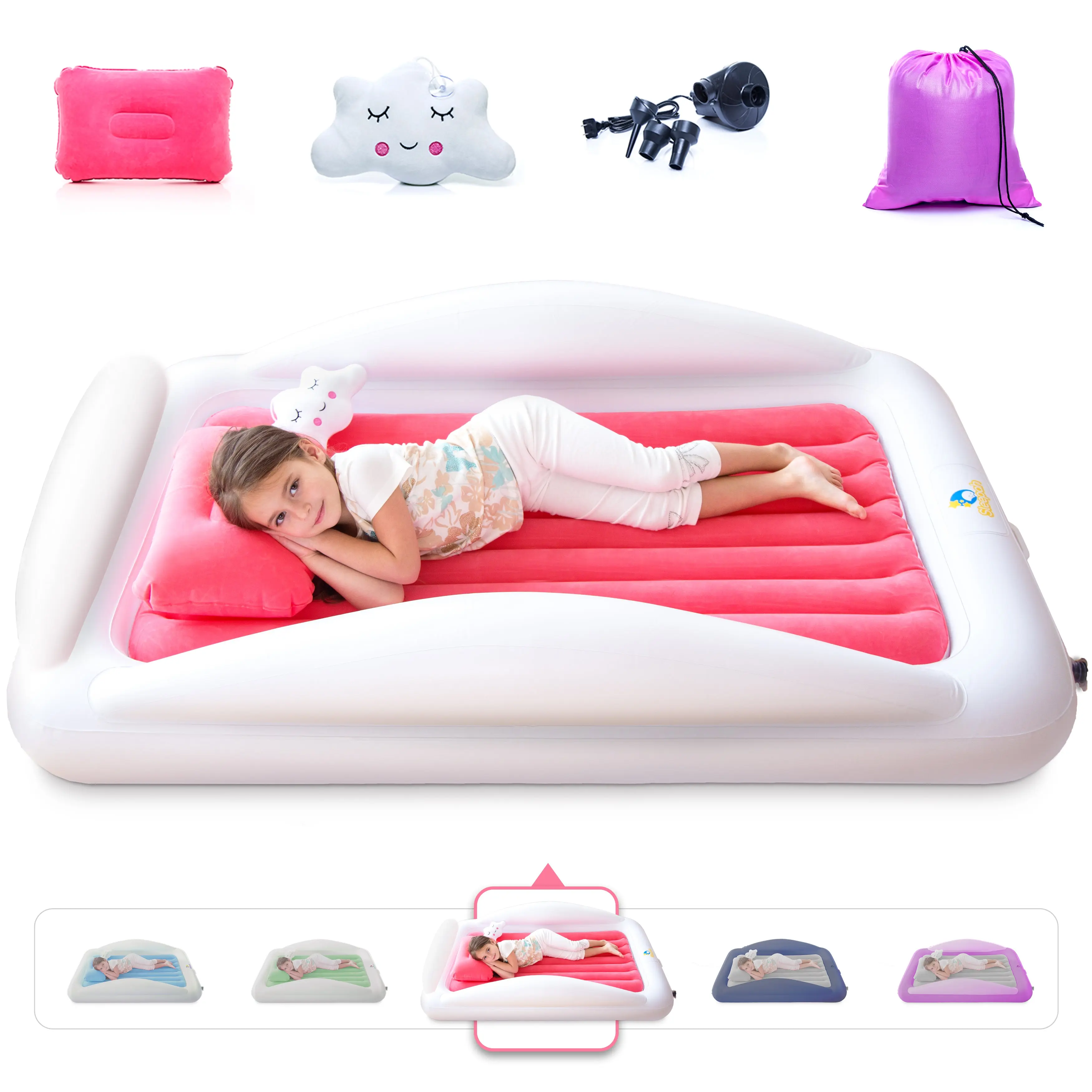 Sleepah Inflatable Toddler Travel Bed Inflatable & Portable Air Mattress Blow up Bed Bed Rails Twin - Pink