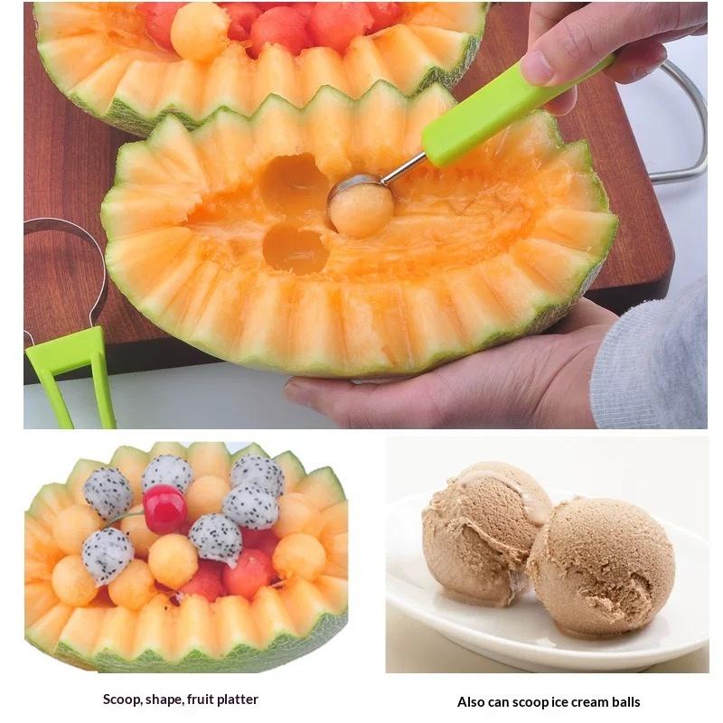 3-in-1 Stainless Steel Vegetable Fruit Cutter Set - Multifunctional Kitchen Utensil with Auto-Spinning Slicer, Melon Baller Scoop, Watermelon Cutter, Seed Remover for Fruit Salad, Party Prep,home essentials