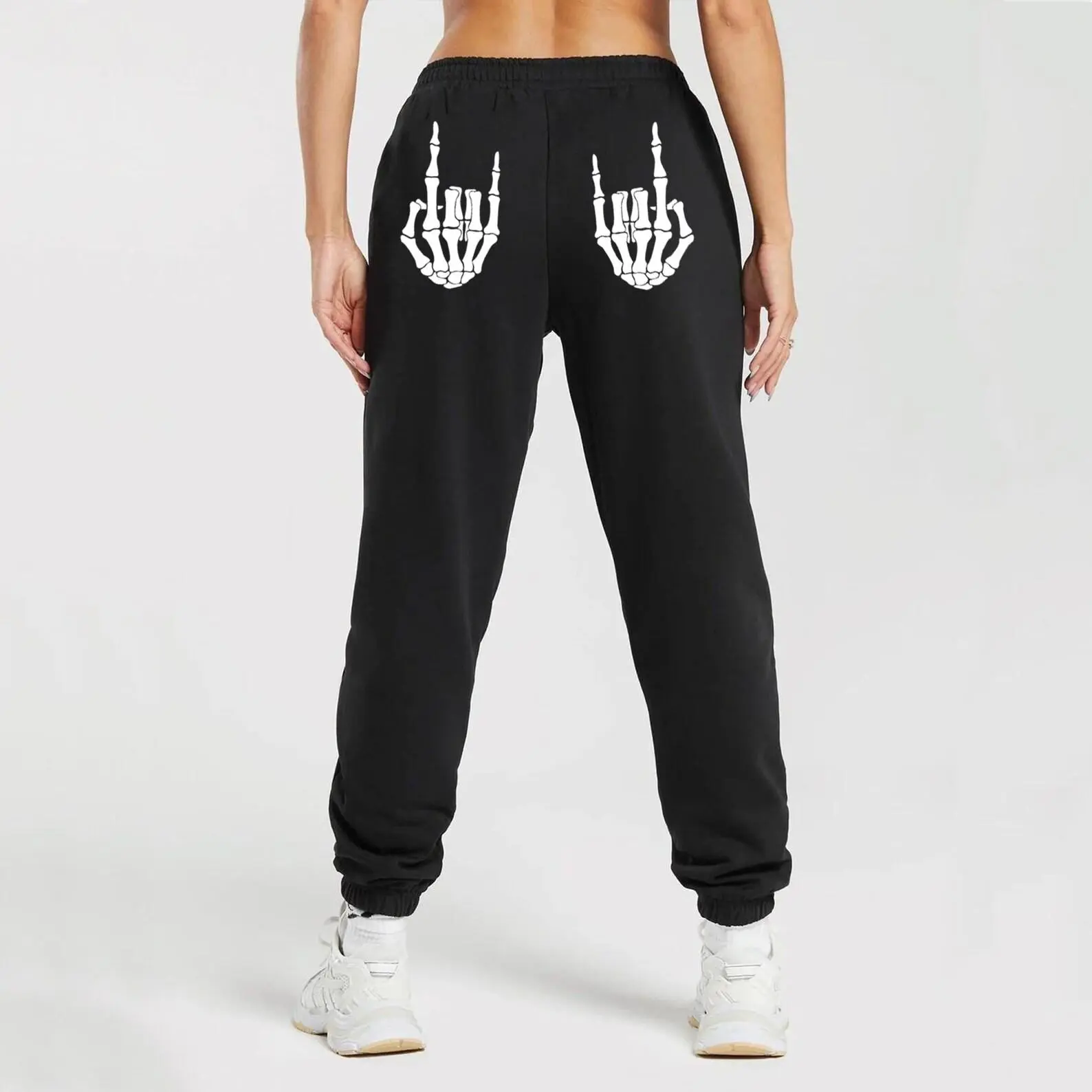Skeleton Hand Graphic Joggers, Black Cotton Streetwear Pants, Edgy Unisex Loungewear
