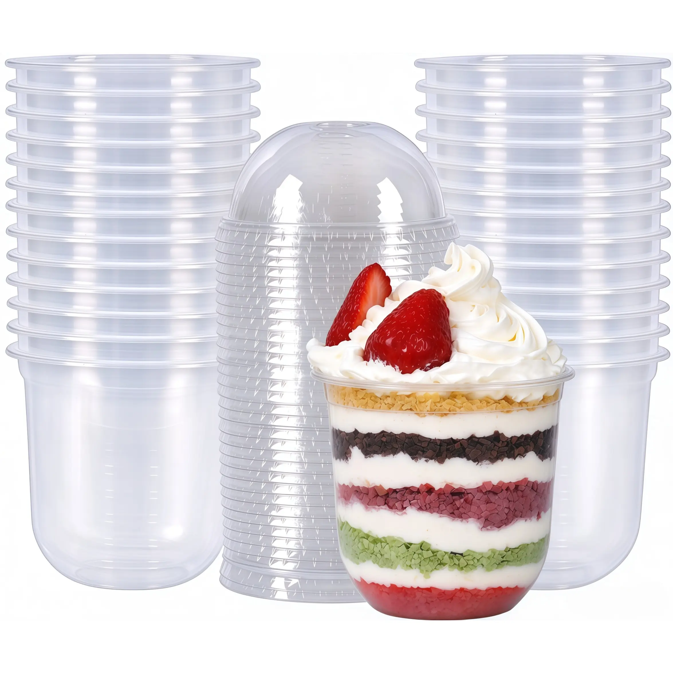 50Pcs U-Shaped Clear Plastic Dessert Cups With Dome Lids, 12fl oz &16fl oz Disposable PET Parfait Bubble Cake Cups for Party Bakery