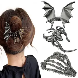 Hallowee Elements 3-Piece Large Metal Spider Bat Claw Clips for Women & Girls Thick Long Hair Nonslip Skeleton Spooky Barrettes Halloween Christmas Gifts
