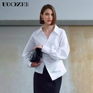 UOOZEE Women's 100% Cotton Collared V-Neck Blouse - Asymmetric, Sheer, Waist-Hugging, Pleated, Draped White Basic Top with Wrap Detail, Ideal for Office Days & Brunch Outings