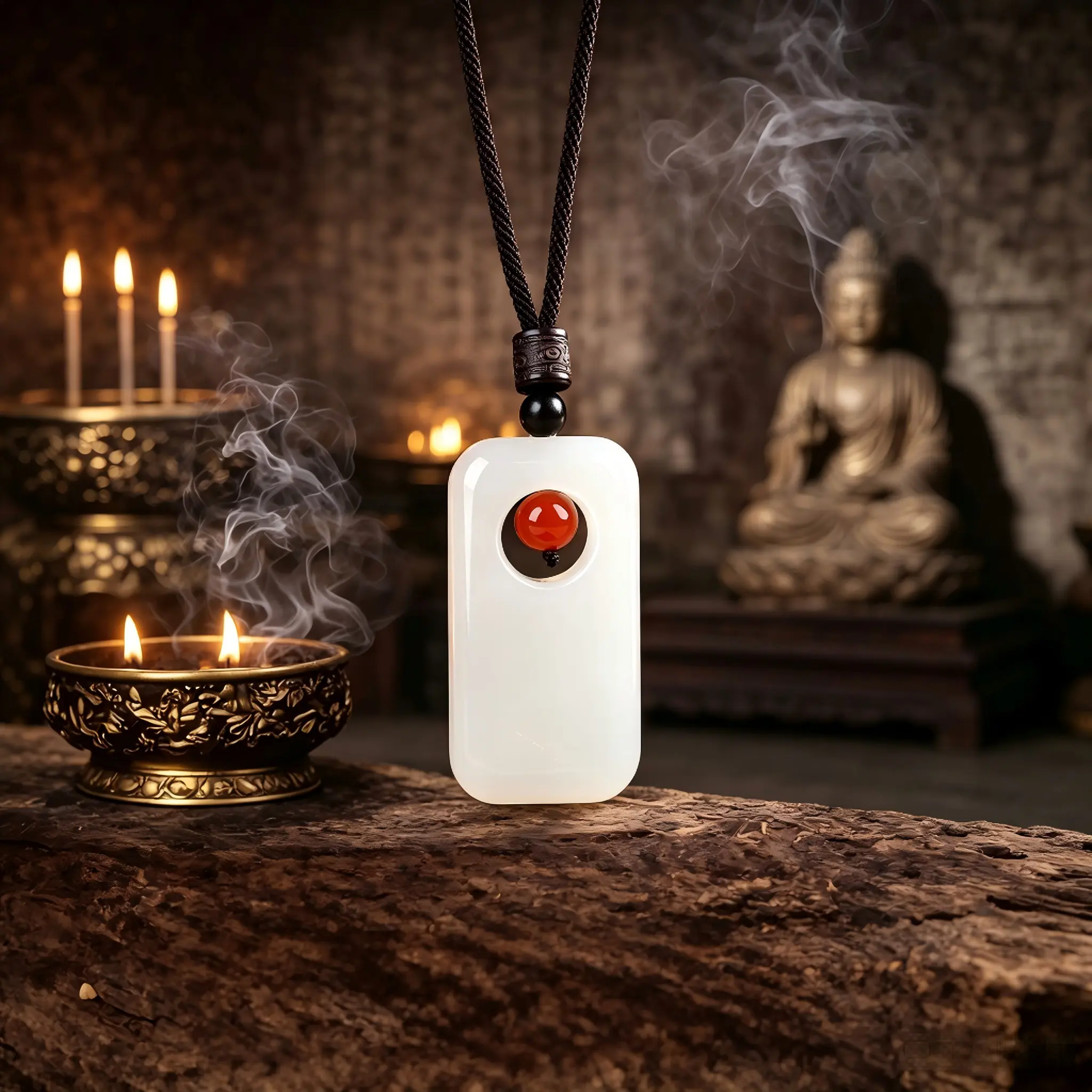 Positive Energy White Jade Red Dot Pendant / Purifies Energy Field, Brings Good Luck and Balances Positive Energy