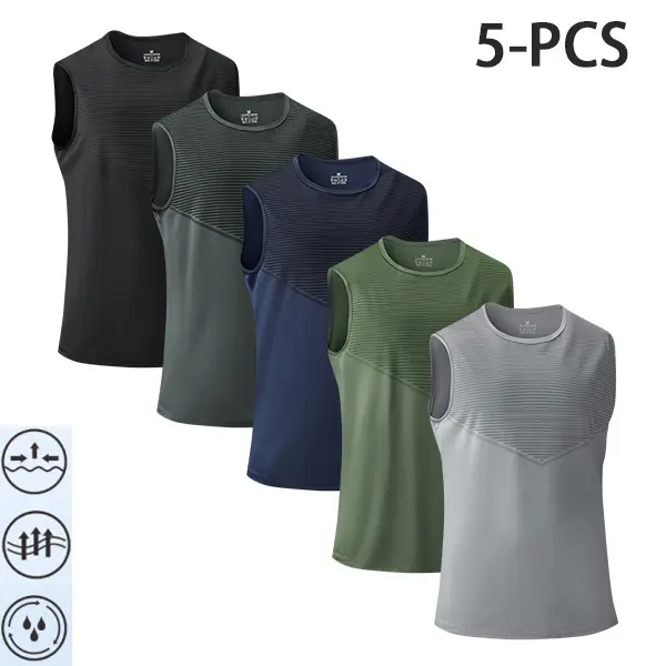 Men’s striped sleeveless tank tops, 5-pack — breathable crew-neck sleeveless shirts suitable for summer workouts, daily commuting, and casual travel; essential men’s fitness training item.