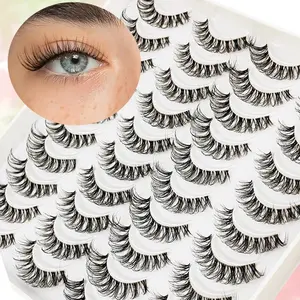 New 3D Doll Natural Cross 20 Pairs, Cosmetic False Lashes, Hypoallergenic B C D Curl, 6-9mm & 13-15mm, Invisible Band, Ideal for Daily Light Makeup