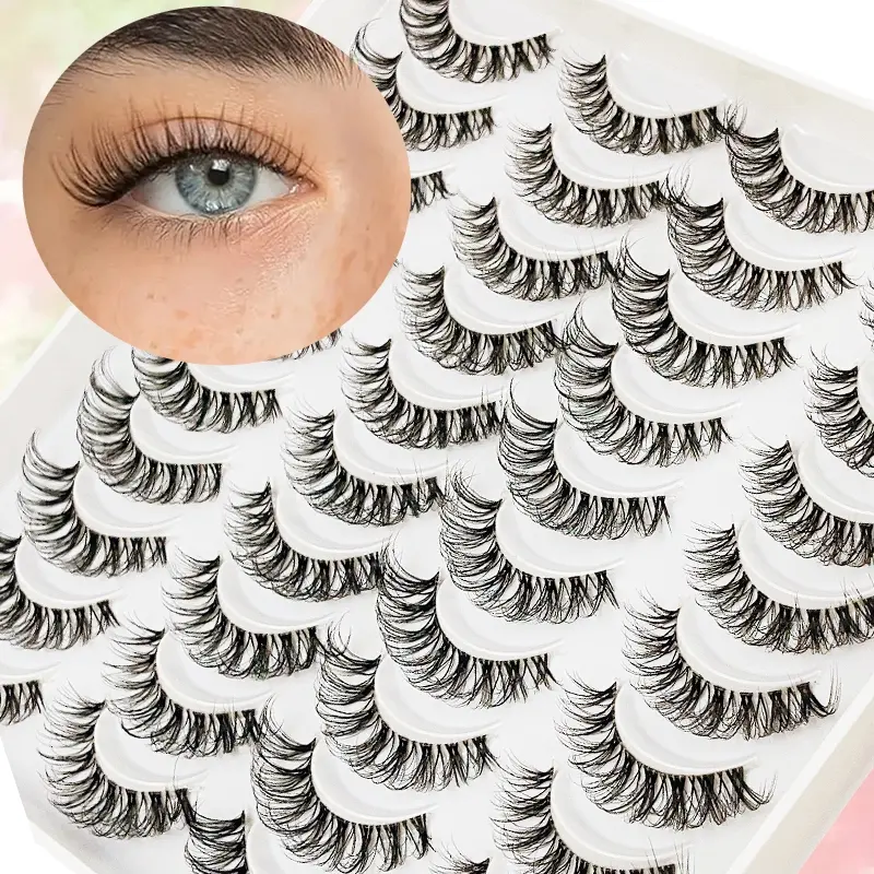 New 3D Doll Natural Cross 20 Pairs, Cosmetic False Lashes, Hypoallergenic B C D Curl, 6-9mm & 13-15mm, Invisible Band, Ideal for Daily Light Makeup, Midnight Eyelashes, Realistic Lashes