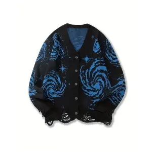 Men's Oversized Starry Sky Knit Cardigan Sweater - Black & White Galaxy Print, Button-Up Front, Loose Fit, Warm & Comfortable for Fall/Winter Casual Wear, Knit Sweater