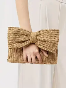Braided Handbag with Butterfly Knot Design, Portable Storage Bag for Daily Use, Beach Vacation, Casual, Compact and Stylish