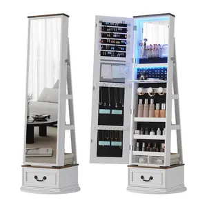 360° Swivel Jewelry Cabinet with Lights,Full-Length Mirror with Jewelry Storage-Ample Storage Drawer，Standing Jewelry Armoire Organizer with Foldable Makeup Shelf, Jewelry Storage for Girls Women