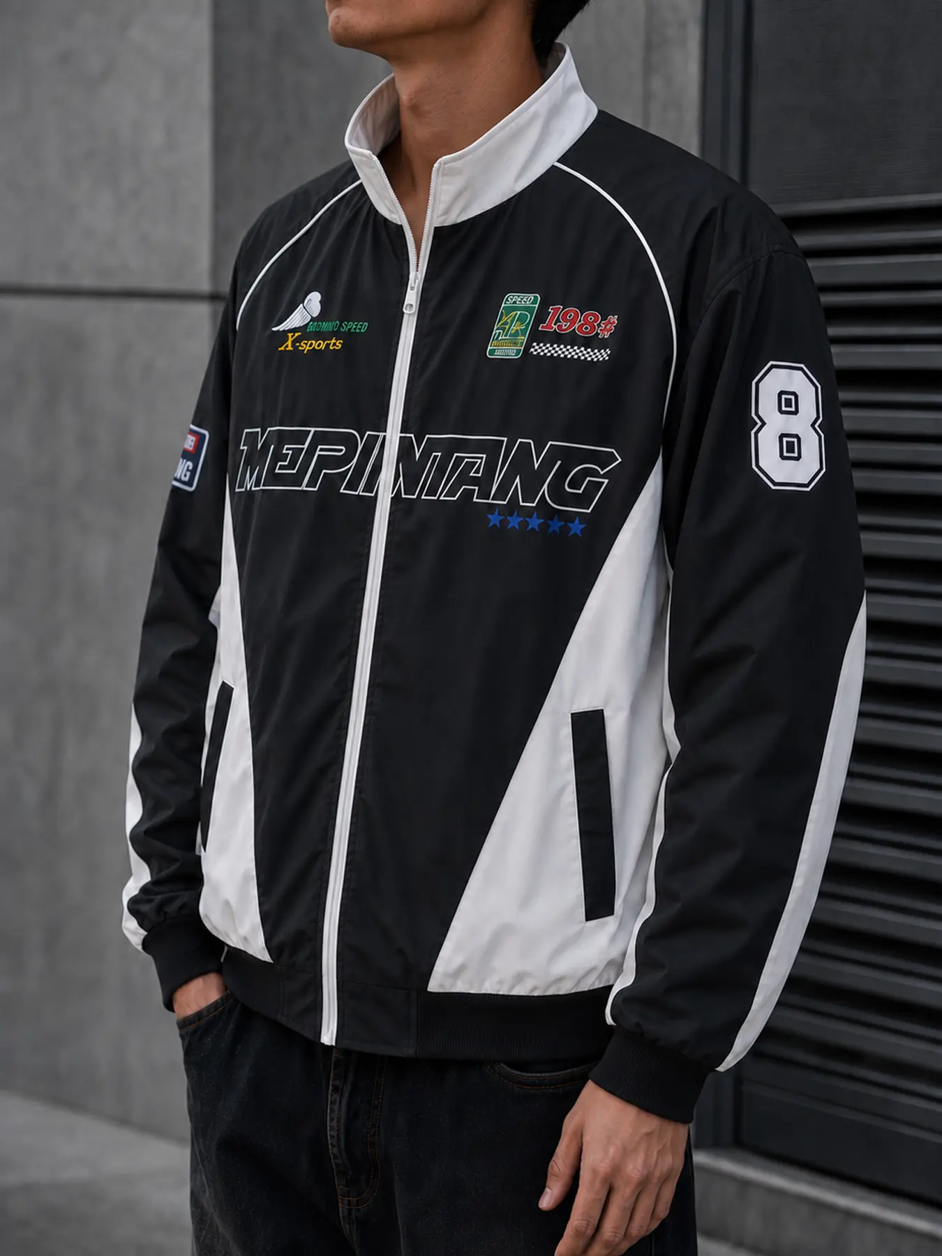 Men’s Racing-Inspired Jacket, Lightweight Zip Up Bomber with Embroidered Graphics, Color Block Patchwork, Stand Collar, Ribbed Cuffs and Hem, Side Pockets, Retro Y2K Streetwear Outerwear for Spring Fall Casual Daily Wear