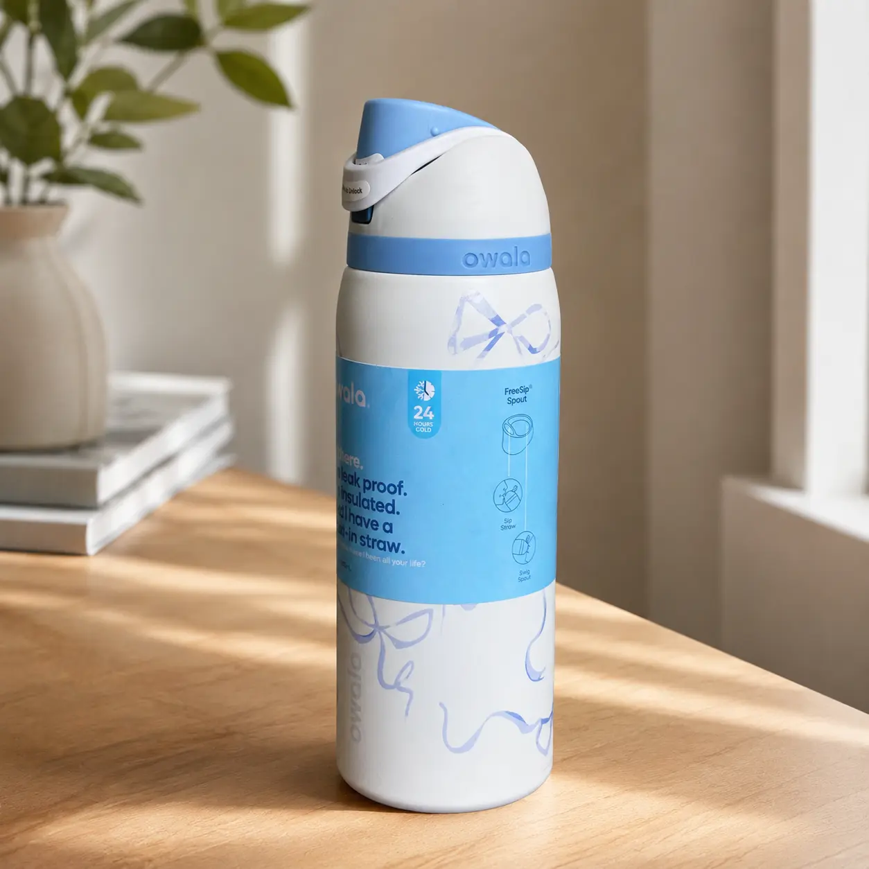 Owala FreeSip 24/32oz Insulated Stainless Steel Water Bottle, Blue Bow Tie, Leak-Proof with Built-In Straw