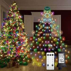 Christmas Tree Lights with Ring,8.2Ft 16 Line 448 LED Green Wire Fairy Waterfall String Light Plug in,Dimmable Cascading Lights with 8 Lighting Modes for Indoor Outdoor Xmas Tree(Multicolor)