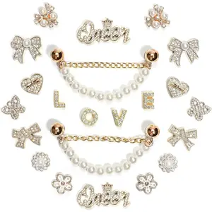 SOGLLQAM Bling Rhinestones and Pearls Shoe Charms Set with Sparkling Shoe Chains, LOVE Queen Letter Charms for DIY Women's Clog Sandals Decor | Trendy Shoe Accessories for Party Girls and TikTok Fashion Gifts