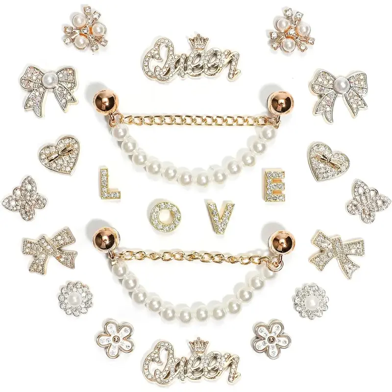 SOGLLQAM Bling Rhinestones and Pearls Shoe Charms Set with Sparkling Shoe Chains, LOVE Queen Letter Charms for DIY Women's Clog Sandals Decor | Trendy Shoe Accessories for Party Girls and TikTok Fashion Gifts