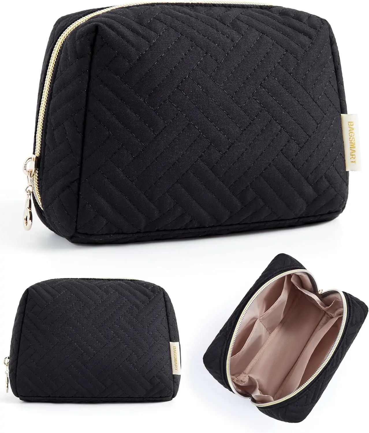 BAGSMART Small Travel Makeup Bag, Zipper Quilted Cosmetic Pouch, Black | Compact but spacious.Purse storage holds makeup,toiletries,skincare,beauty ,travel essentials. Washable, water-resistant
