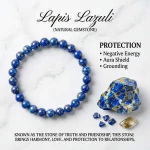 Boho Beaded Lapis Lazuli Bracelet with 8mm Natural Stones, Stretch Design with Healing Properties for Anxiety Relief, Positive Energy & Daily Wear