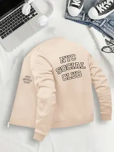 Fashionable Women's Jacket with Nyc Social Club Graphic, Casual Fitted Outerwear, Zipper Closure, Pockets, Sizes S to Xxl