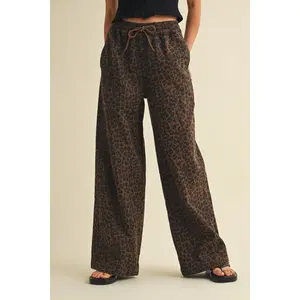Leopard Print Wide Denim Track Pants-Brown