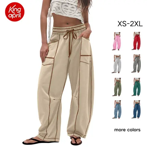 Kingapril Women's Cotton Fabric High-Waisted Barrel Sweatpants - Drawstring Wide-Leg Pants for Women, Chic Comfy Athletic Lounge Pants for Summer, Back to School