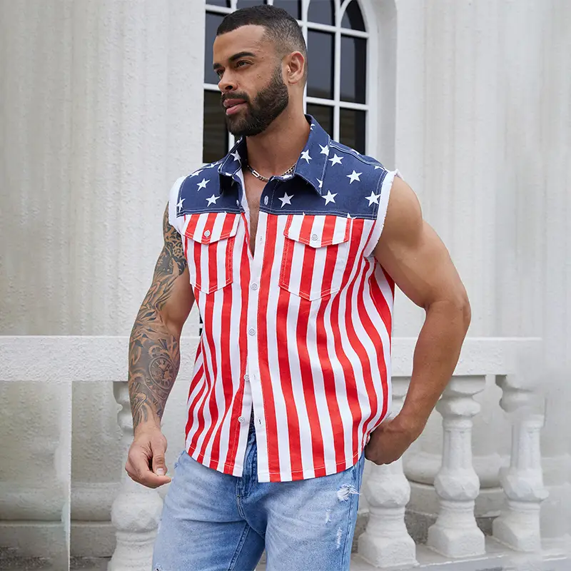Yuanbang 4th of July Men's American Flag Denim Vest Classic Casual Fashion Sleeveless Jacket Menswear Patriotic Tops, Father's Day Gifts Festival Cost