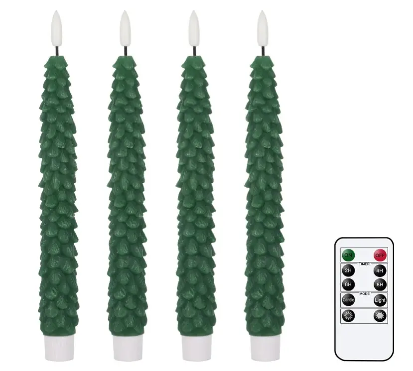 Christmas Tree Flameless Taper Candles Flickering with Remote Timer, Real Wax LED Battery Operated Candles Warm 3D Wick (Green, 0.78 X 9.64 Inch)