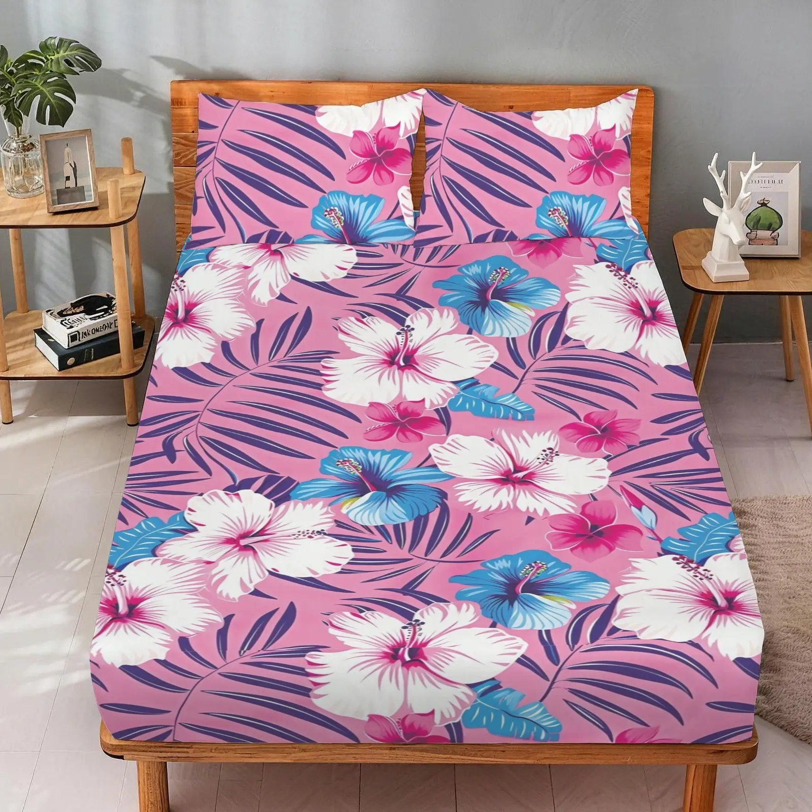 3 Pieces Tropical Hibiscus Wildflower Fitted Sheet Set (1 Fitted Sheet + 2 Pillowcases), Deep Pocket Summer Floral Bedding, Soft Microfiber, Twin Full Queen Size Bedroom Decor