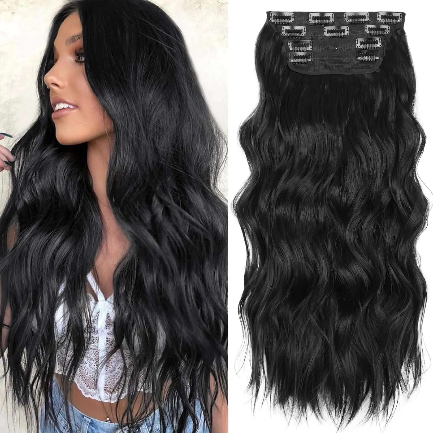 Clip In Wavy Hair Extensions for girls ,14/20inch Natural Black Like Real Hair , Black Highlighted Honey Blonde 4PCS Synthetic Hair Extensions Complete Hair Extensions, Long Curls Fiber Hairpieces Full Head and Lightweight Hair Extension for Women